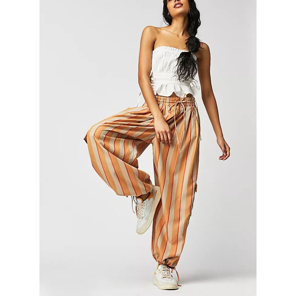 Free People Striped Wide-Leg Drawstring Pants in Orange & Cream